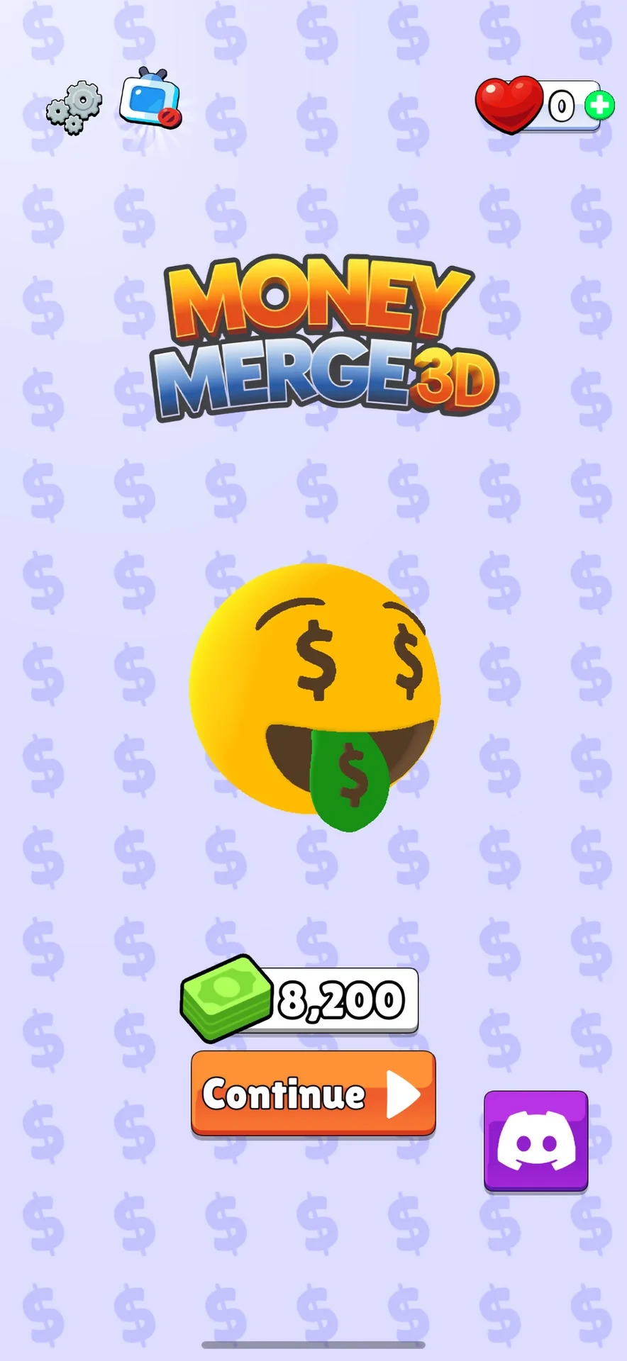 Money Merge 3D title screen with the Rich Emoji and continue button