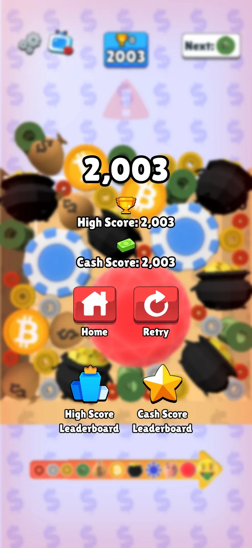 Money Merge 3D results screen with score and leaderboard buttons