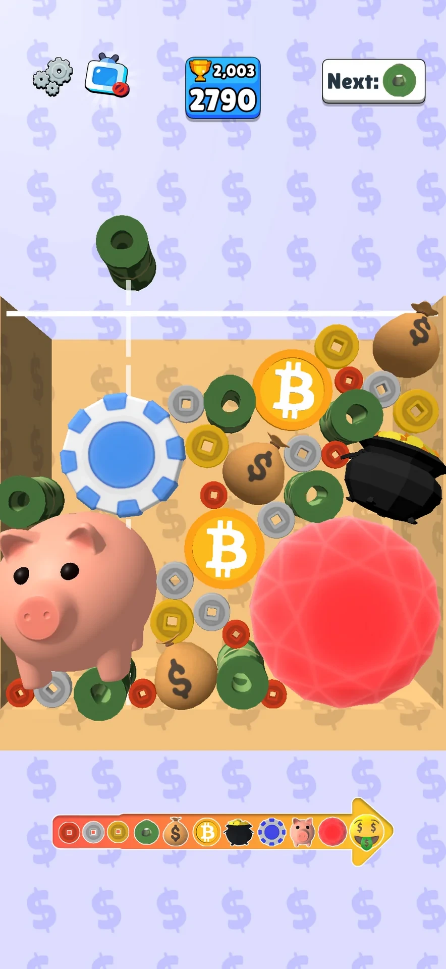 Money Merge 3D gameplay with a piggy bank, Bitcoin coins, and poker chips