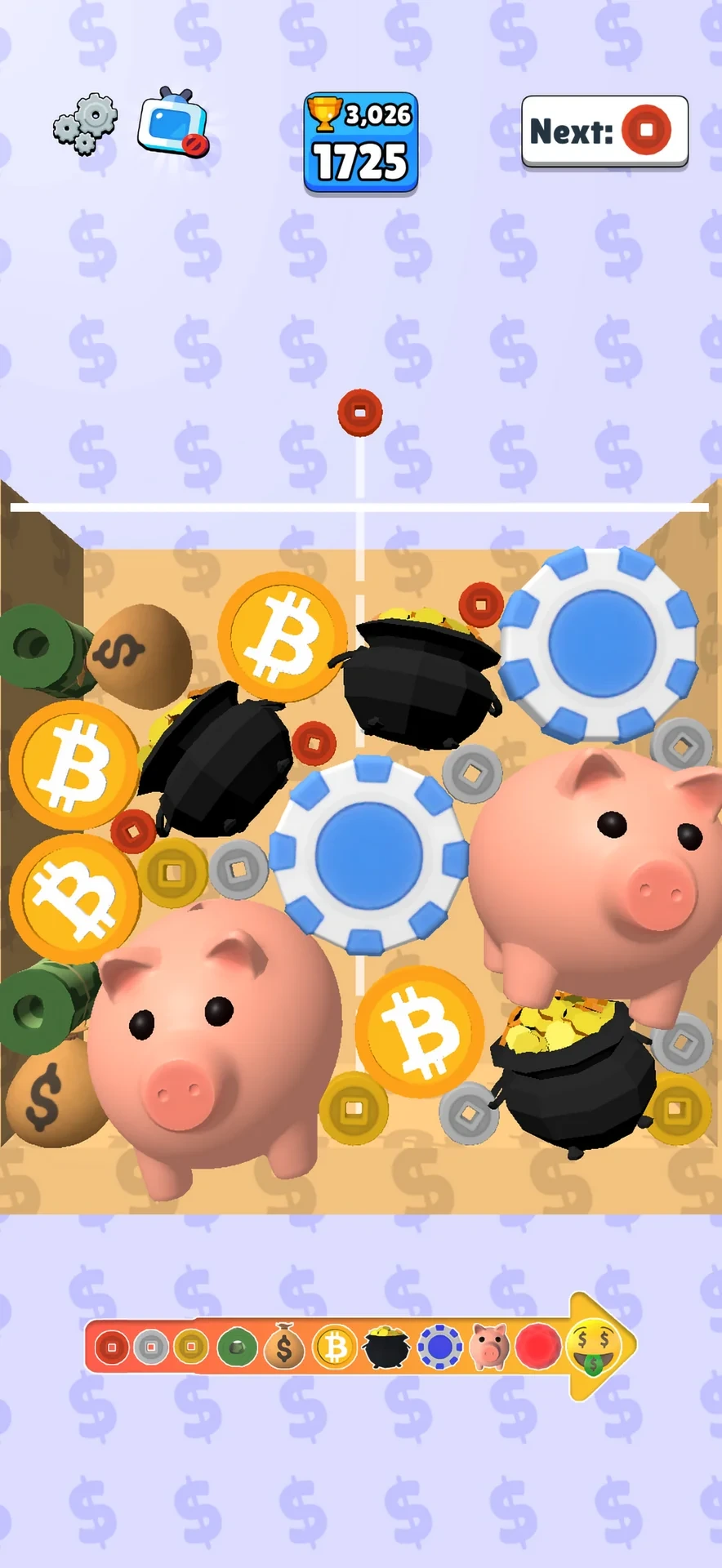 Money Merge 3D gameplay with piggy banks, Bitcoin coins, and pots of gold