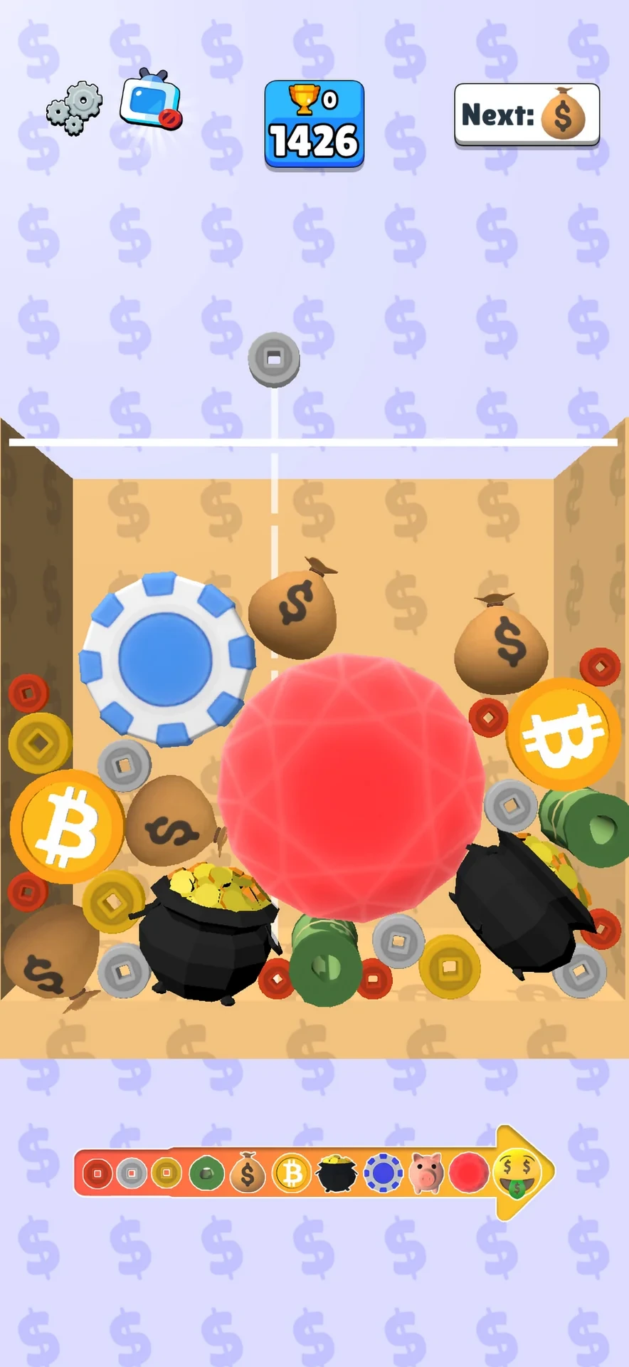 Money Merge 3D gameplay with a red gem, Bitcoin coins, money bags, and pots of gold