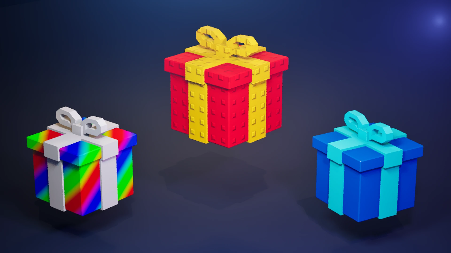 Three floating gifts: a red studded box with a gold ribbon, a rainbow box with a white ribbon, and a blue box with a cyan ribbon.