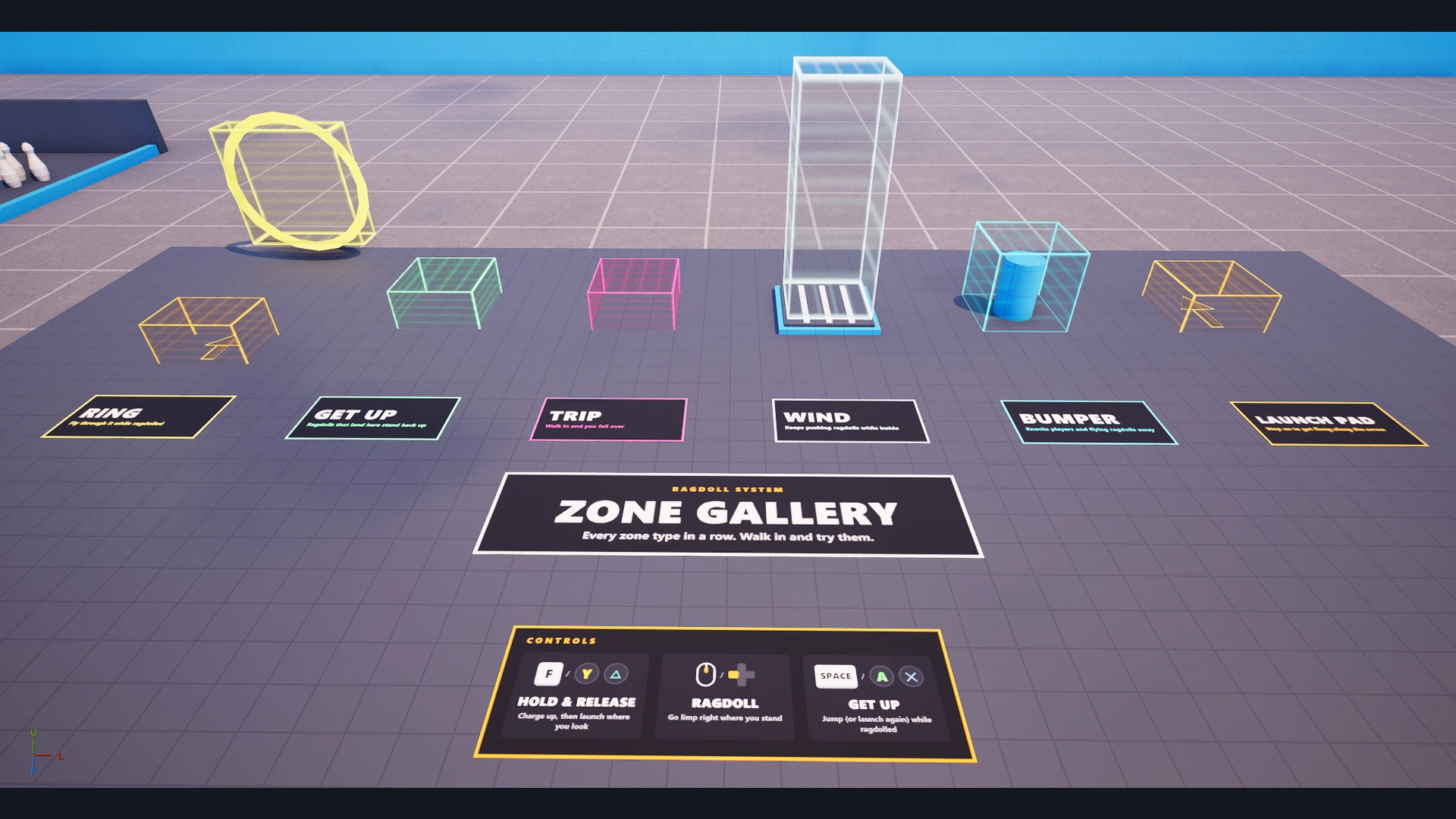 Ragdoll System zone gallery showing Ring, Get Up, Trip, Wind, Bumper and Launch Pad prefabs, with the gameplay controls displayed below.