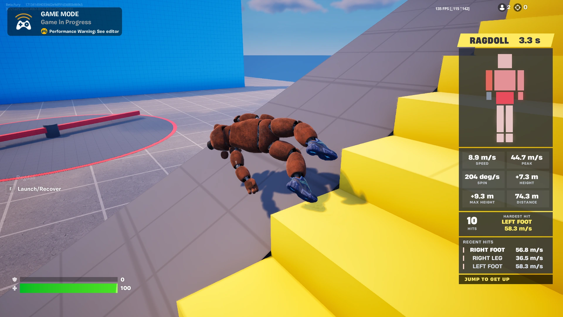 A ragdoll tumbling beside yellow stairs while the HUD highlights body-region impacts and movement statistics.