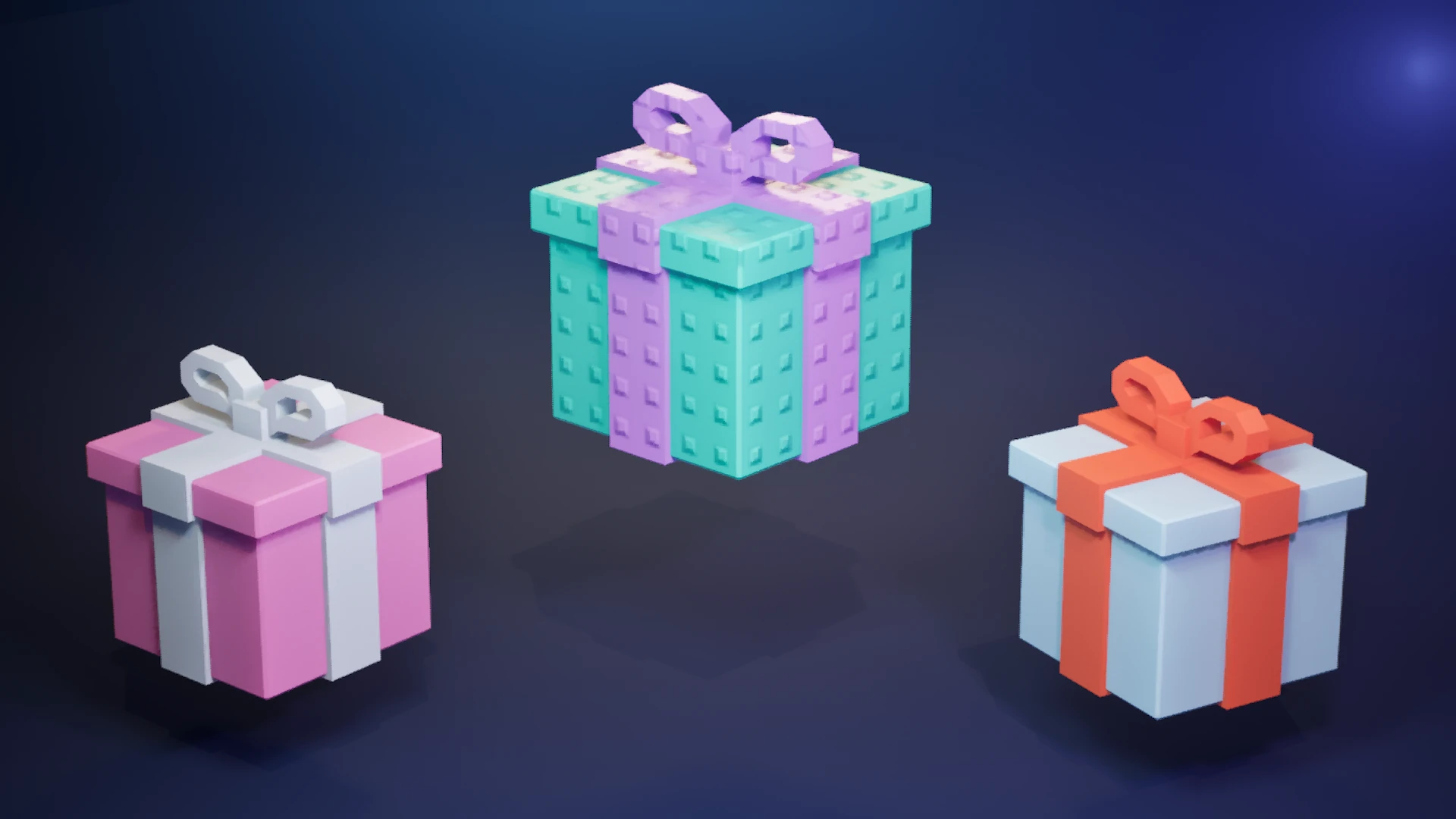 Three pastel gift styles in pink and white, mint and lavender, and pale blue with a coral ribbon, including studded and smooth surfaces.