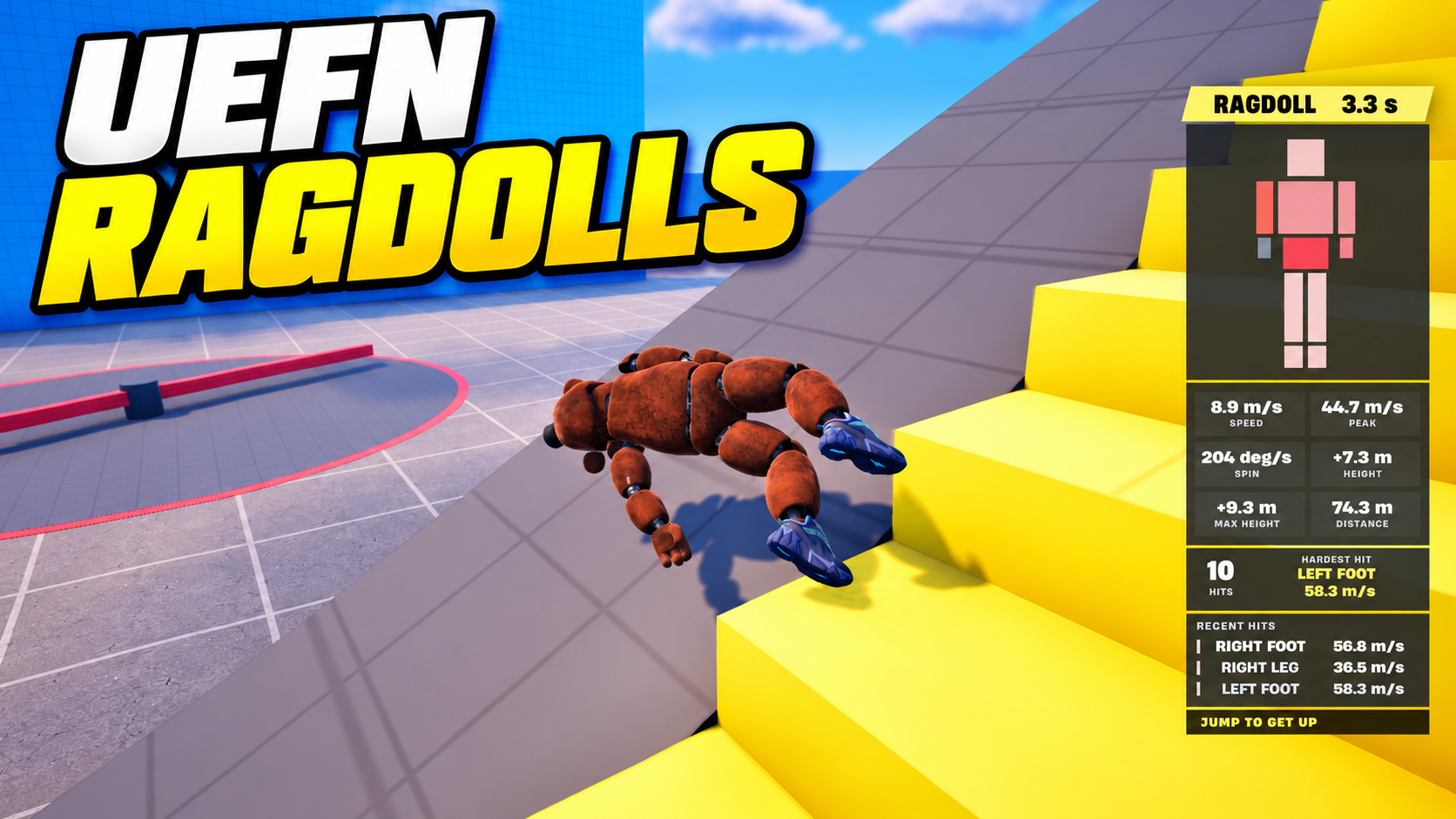UEFN RAGDOLLS in bold white and yellow text above a ragdoll tumbling beside yellow stairs, with its impact HUD visible.