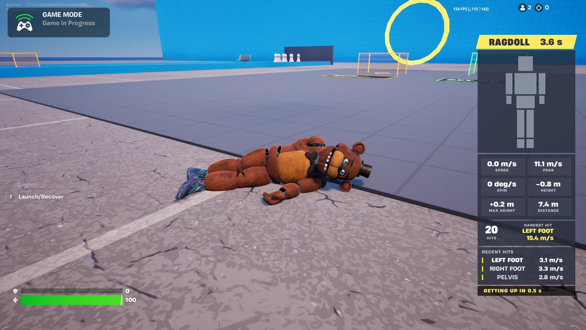 A player cosmetic resting on its side beside the demo platform, with the ragdoll impact diagram and movement statistics.