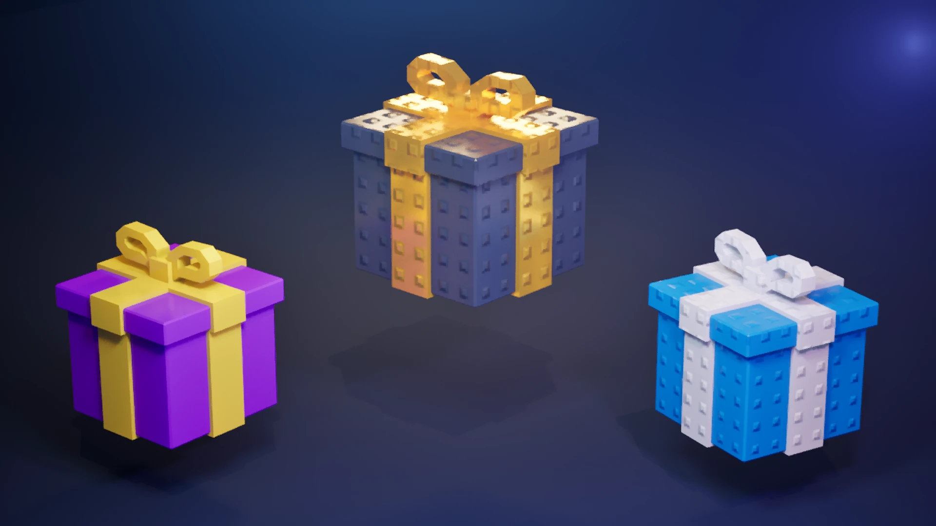 Three gift styles: a dark studded box with a gold ribbon, a smooth purple box with a gold ribbon, and a blue studded box with a white ribbon.
