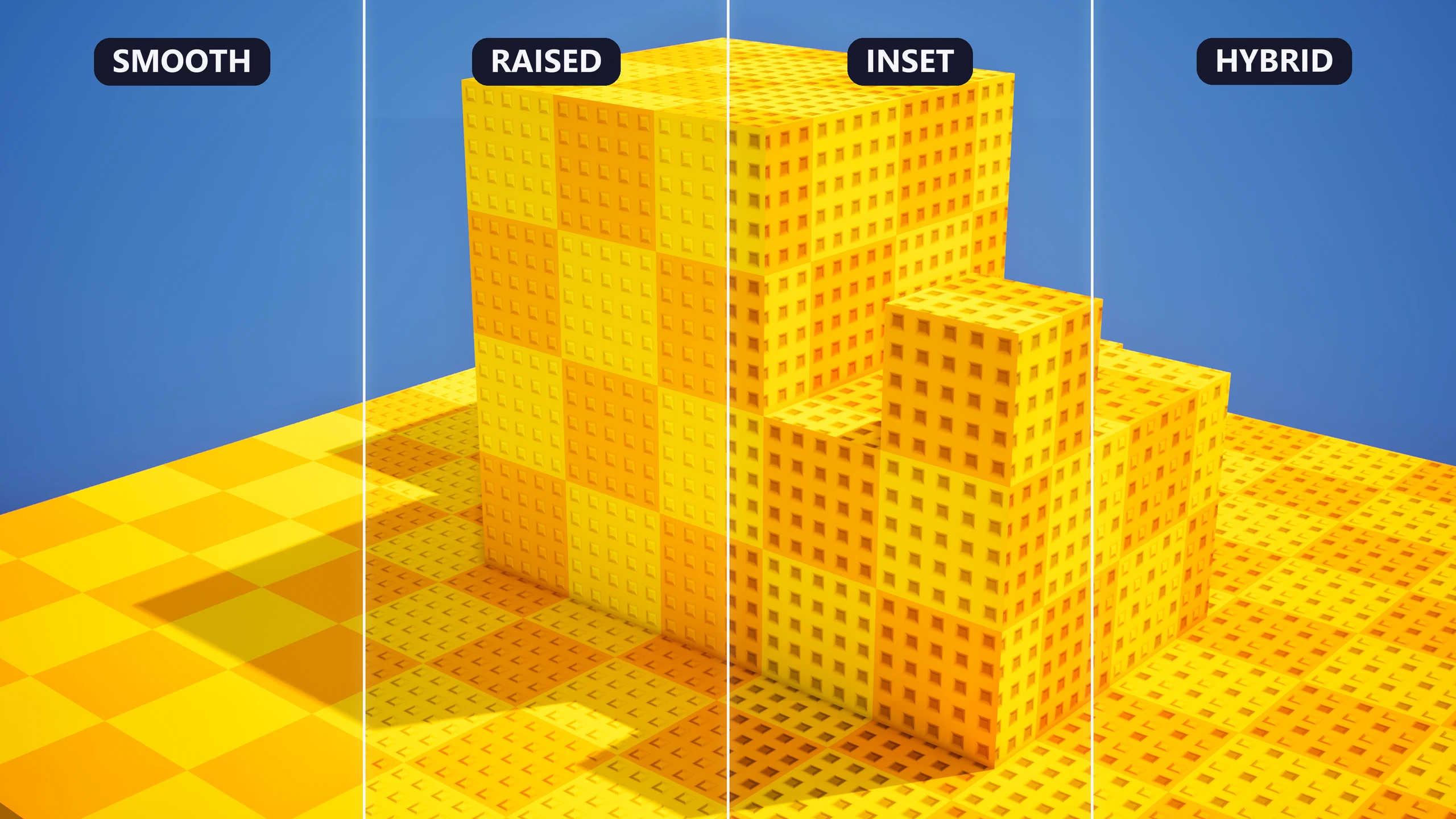 Yellow checkerboard scene divided into four labelled surface modes: smooth, raised studs, inset studs and hybrid.