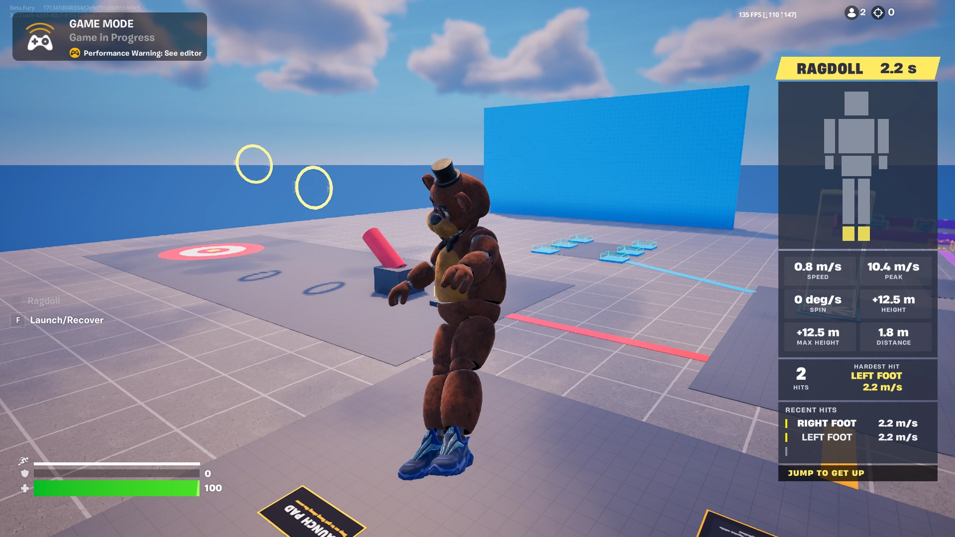 A player cosmetic in midair above the ragdoll playground, with a following camera view and live impact HUD.