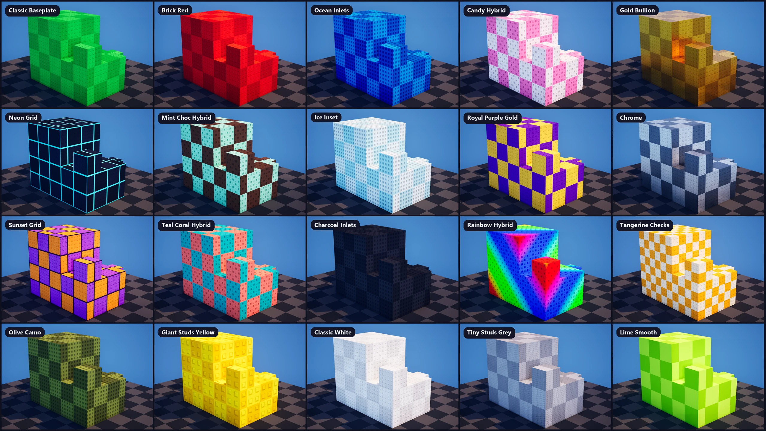 Grid of 20 material looks on block sculptures, including colourful checkerboards, neon grids, metallic finishes and inset studs.
