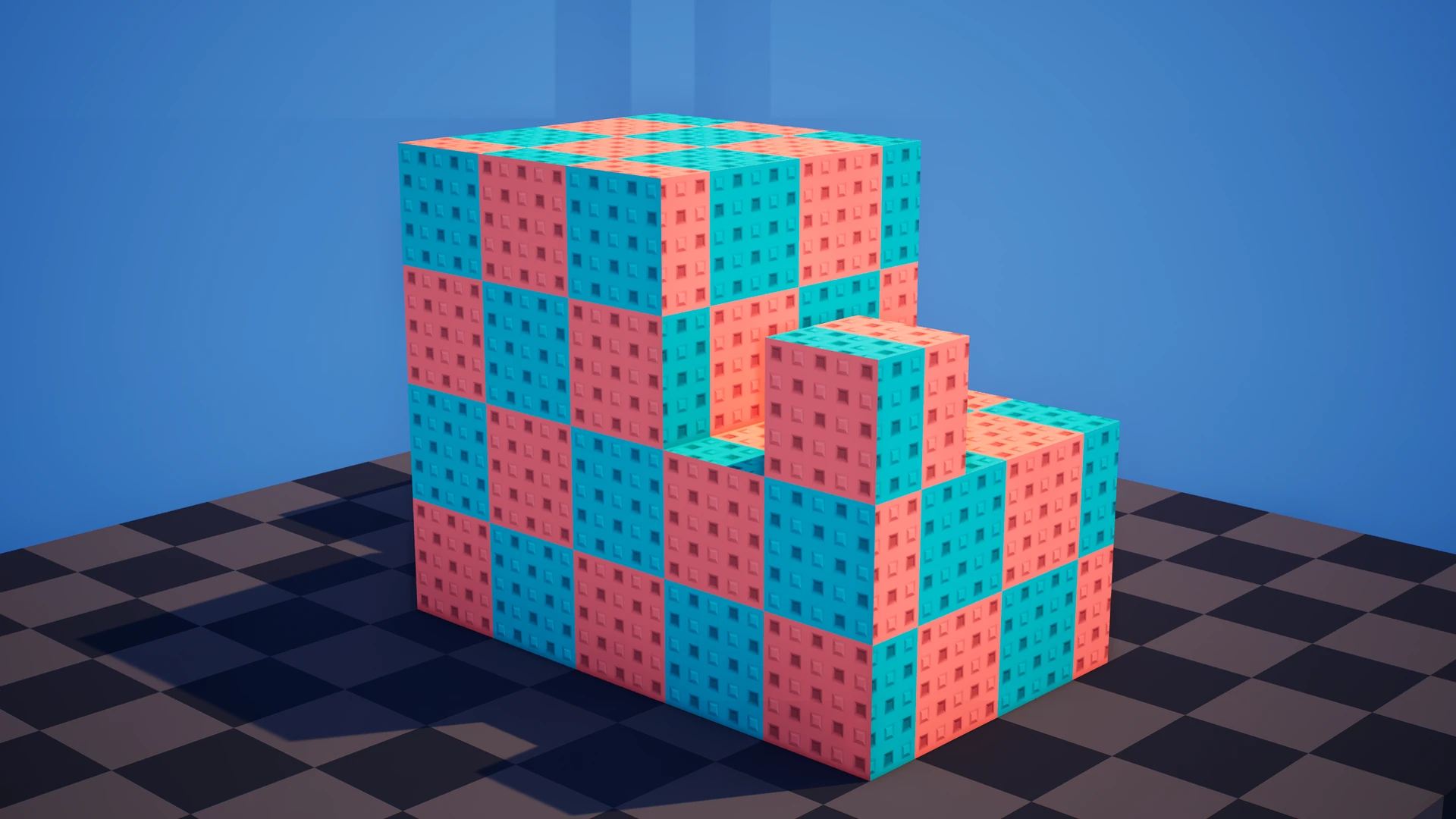 Stepped block sculpture with teal and coral checkerboard colours and alternating raised and inset square studs.
