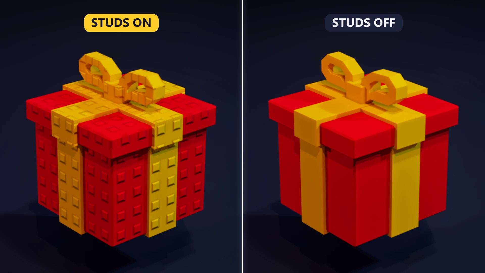 Side-by-side red gifts with gold ribbons: square studs enabled on the left and smooth box and ribbon surfaces on the right.