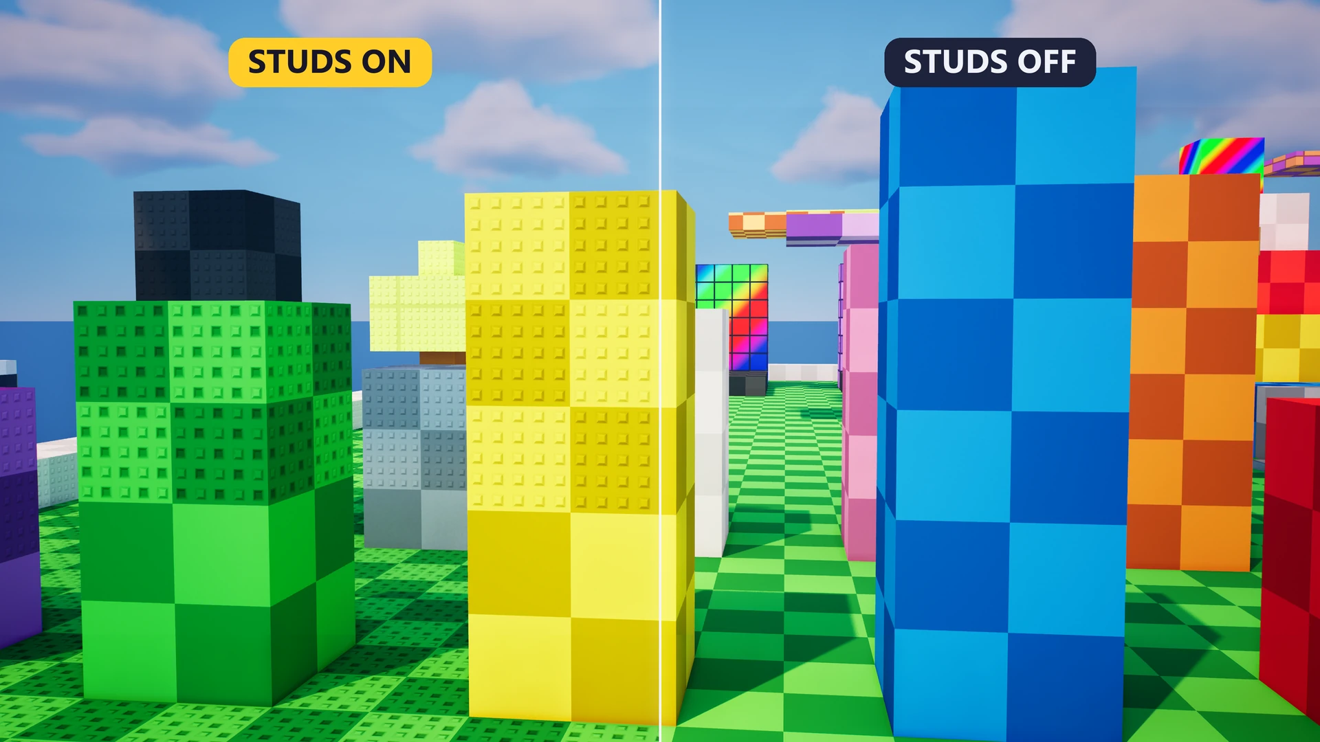 Split comparison of colourful checkerboard pillars with square studs enabled on the left and smooth surfaces on the right.