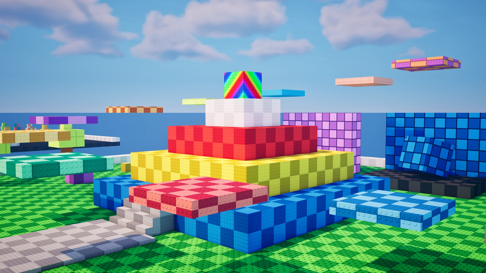 Colourful stepped pyramid and platforms with checkerboard patterns and square studs in a UEFN playground.