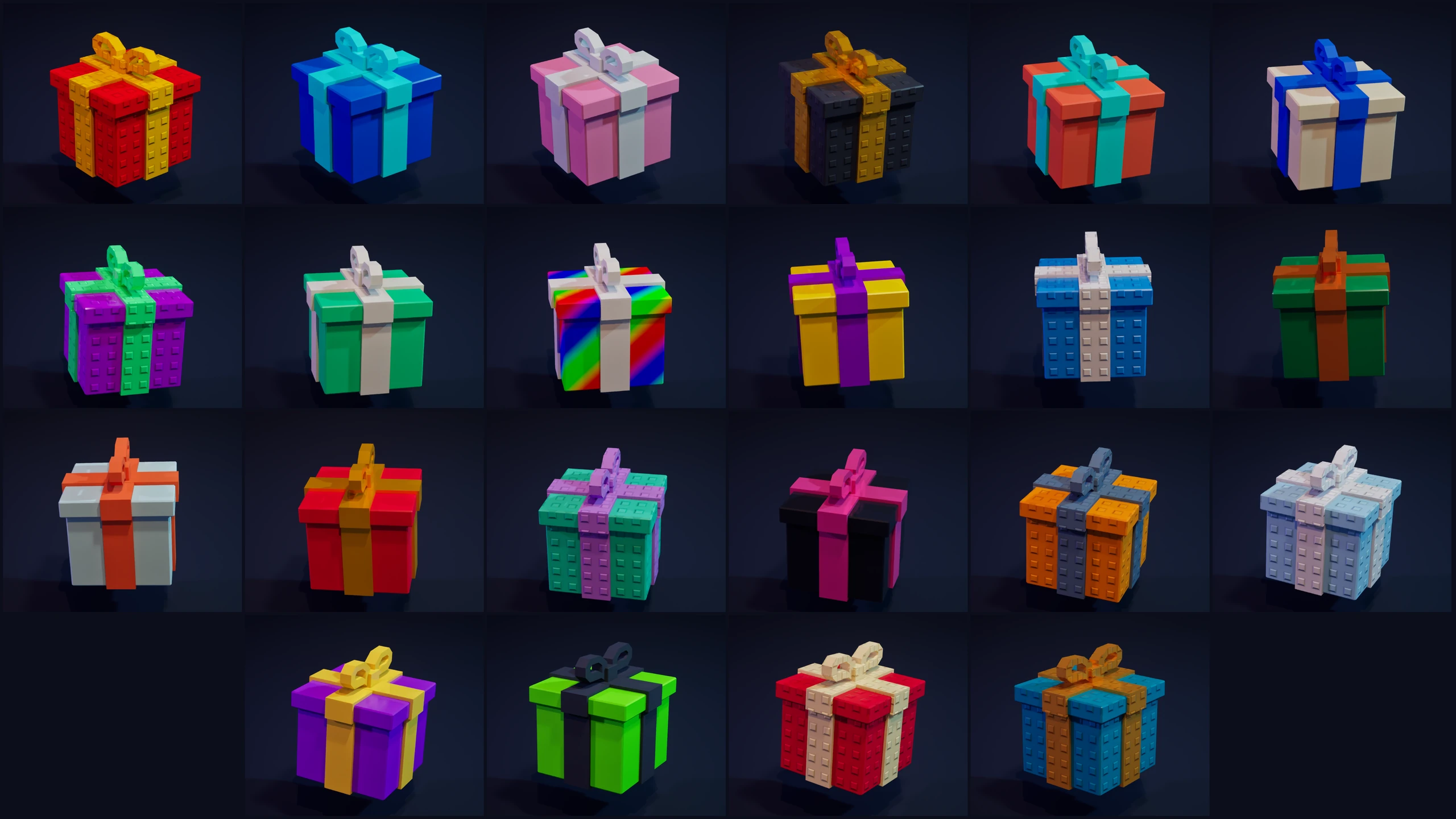 Grid of 22 gift customization examples showing different box and ribbon colours, rainbow patterns, and studded or smooth finishes.